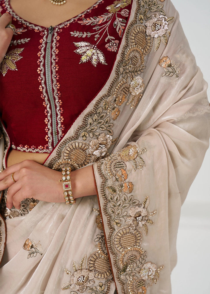 Whitish Pink Silk Saree With Sequin And Zari work - House of Sarvati LLC