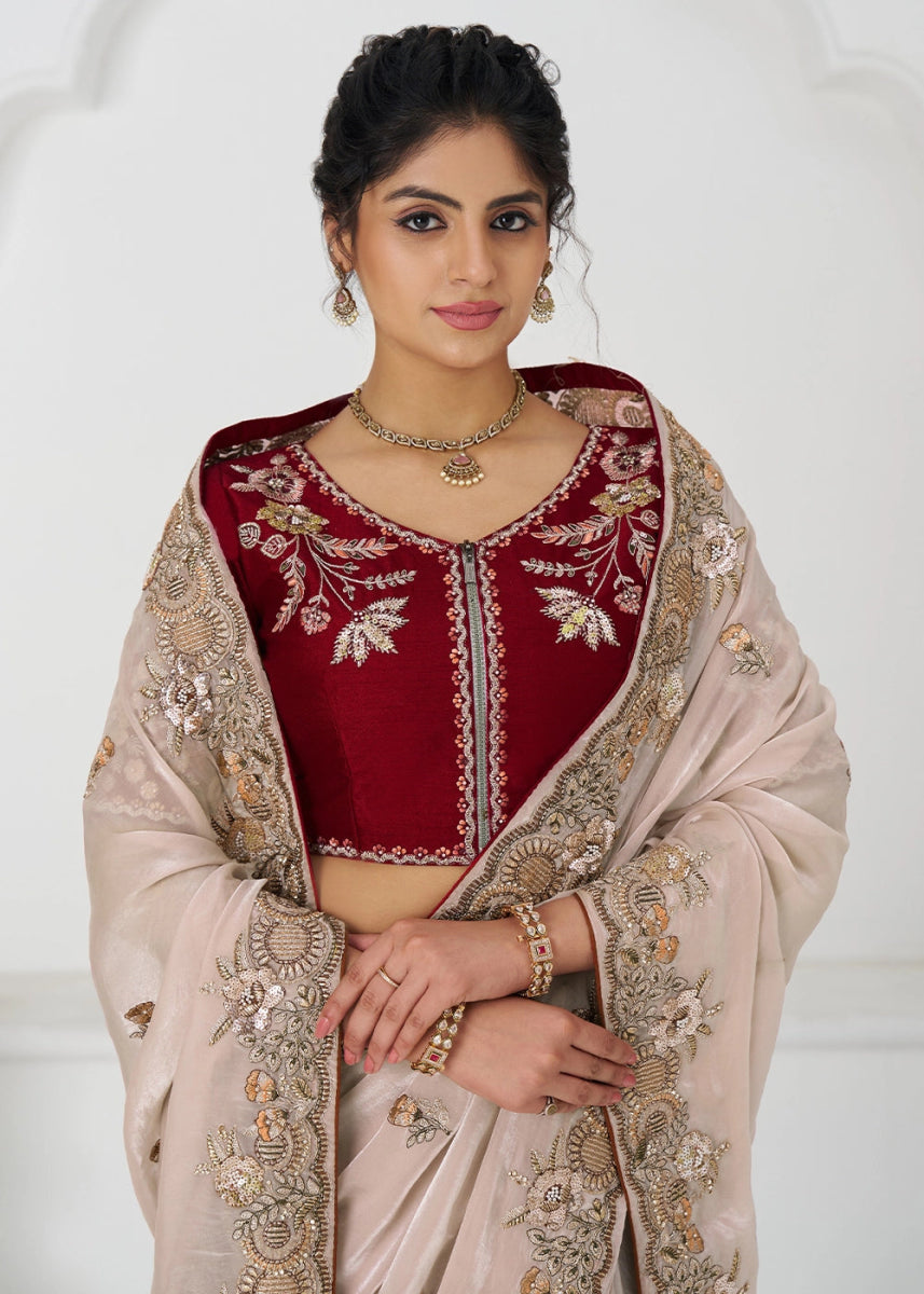 Whitish Pink Silk Saree With Sequin And Zari work - House of Sarvati LLC