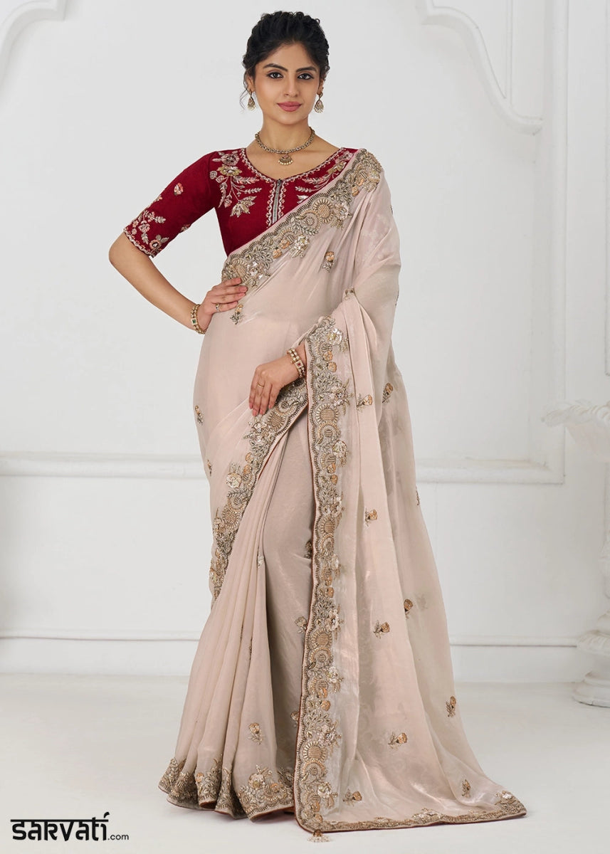 Whitish Pink Silk Saree With Sequin And Zari work - House of Sarvati LLC