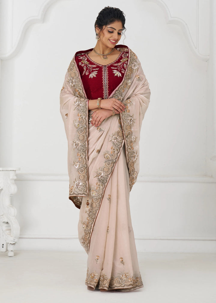 Whitish Pink Silk Saree With Sequin And Zari work - House of Sarvati LLC
