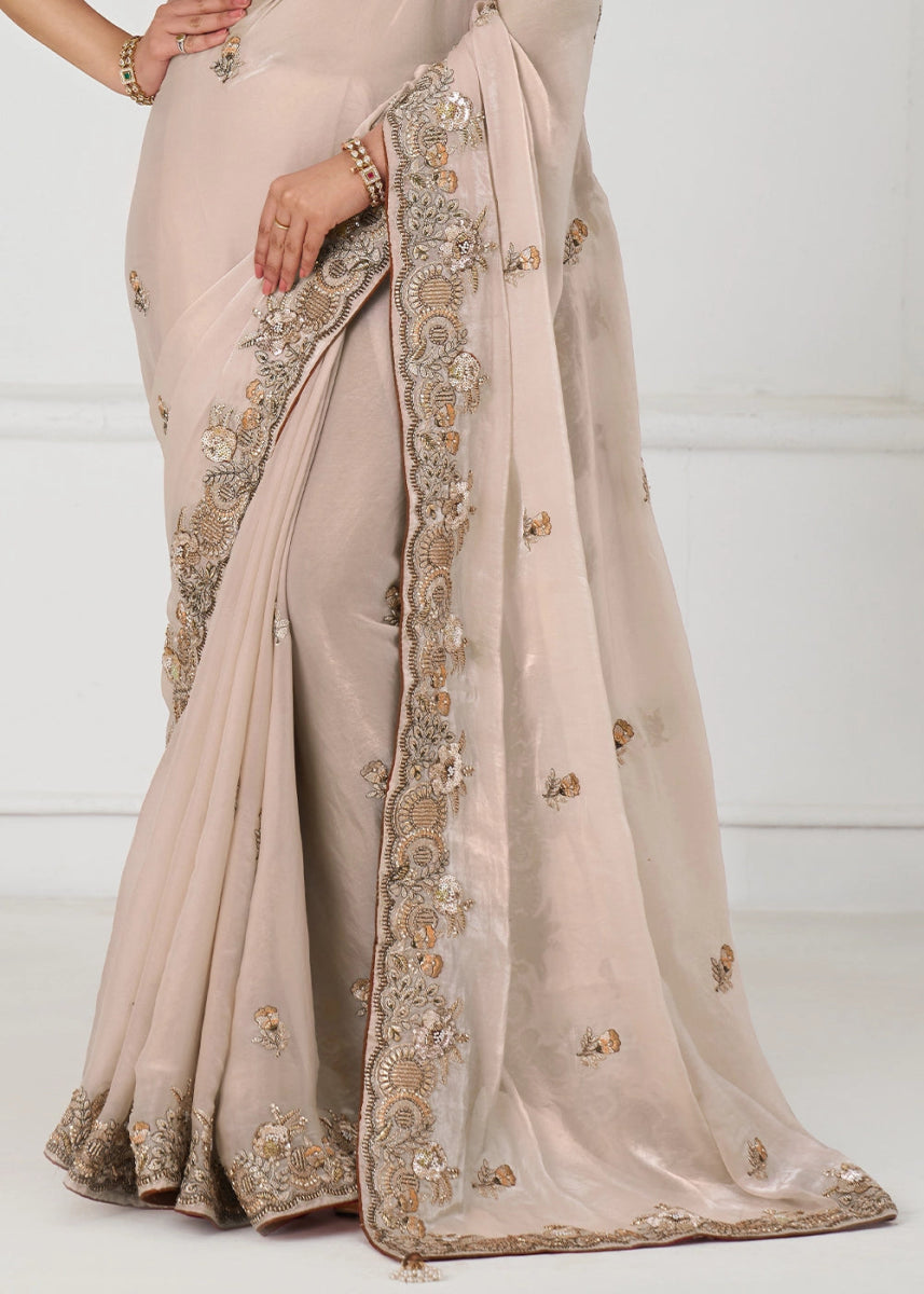 Whitish Pink Silk Saree With Sequin And Zari work - House of Sarvati LLC