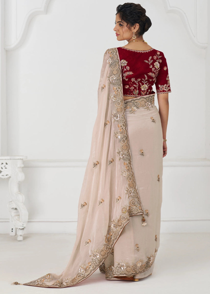 Whitish Pink Silk Saree With Sequin And Zari work - House of Sarvati LLC