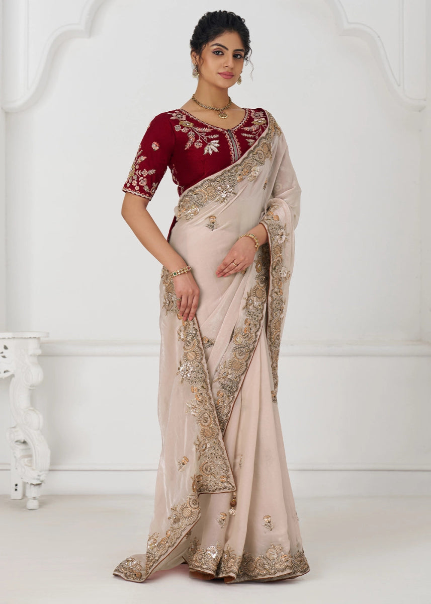 Whitish Pink Silk Saree With Sequin And Zari work - House of Sarvati LLC