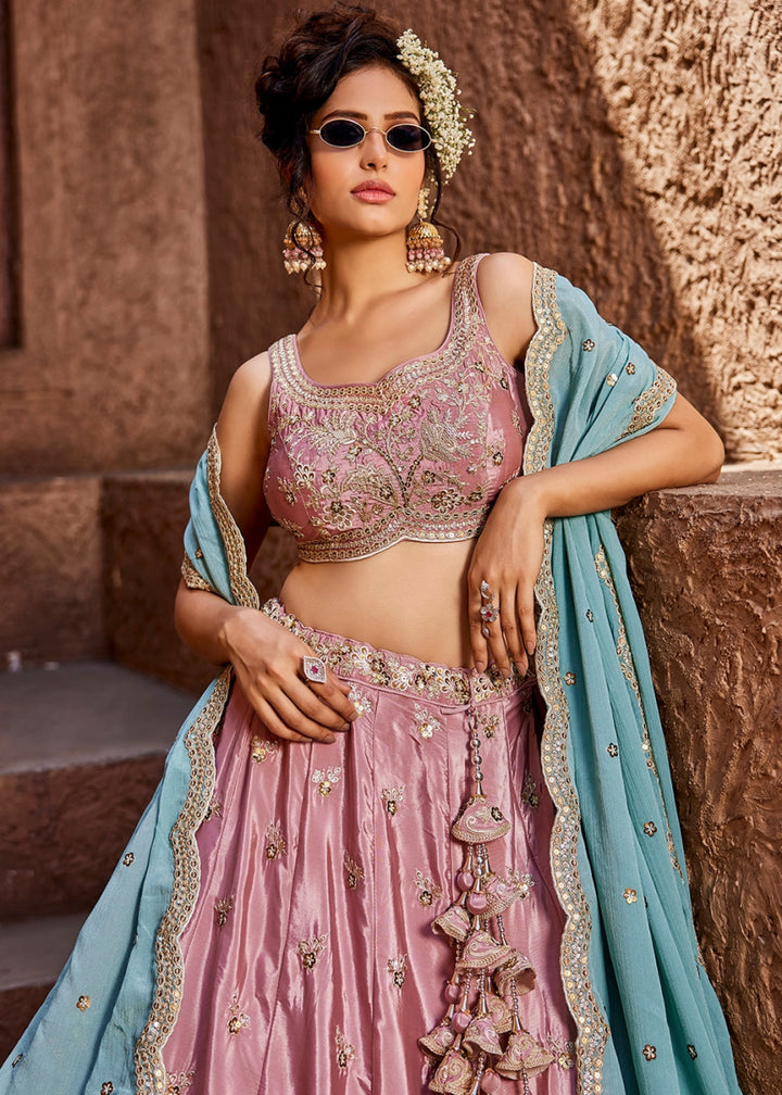 Wild Orchid Pink Satin Lehenga Choli with Floral Sequin Detailing - House of Sarvati LLC