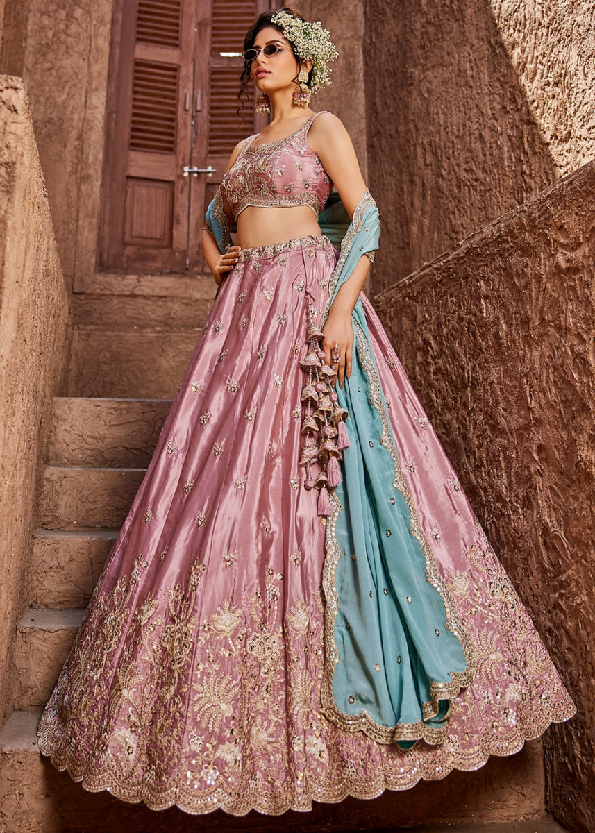 Wild Orchid Pink Satin Lehenga Choli with Floral Sequin Detailing - House of Sarvati LLC