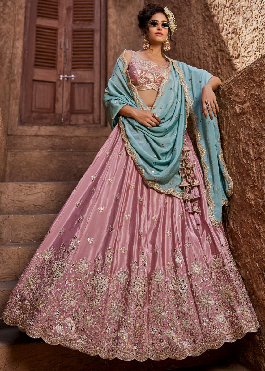Wild Orchid Pink Satin Lehenga Choli with Floral Sequin Detailing - House of Sarvati LLC