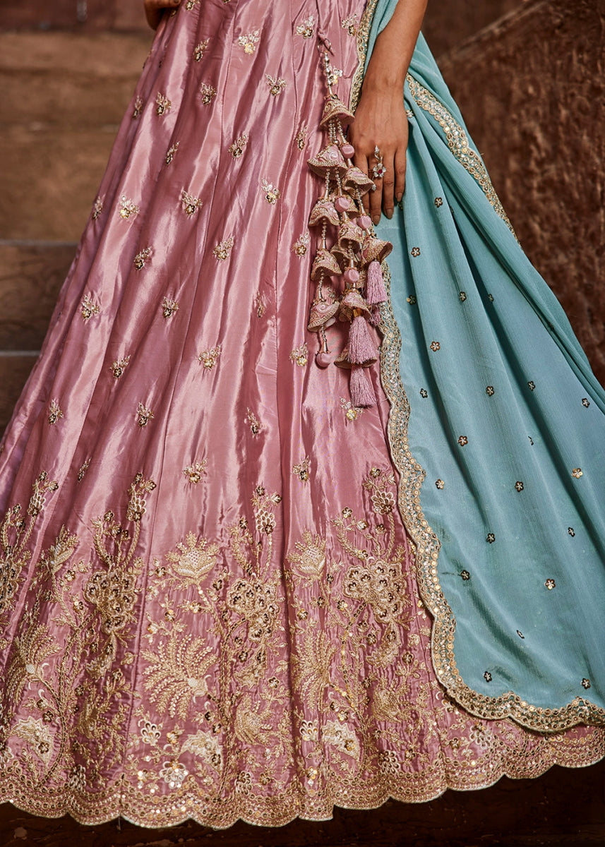 Wild Orchid Pink Satin Lehenga Choli with Floral Sequin Detailing - House of Sarvati LLC