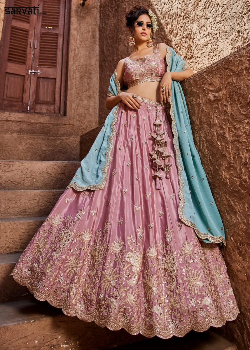 Wild Orchid Pink Satin Lehenga Choli with Floral Sequin Detailing - House of Sarvati LLC