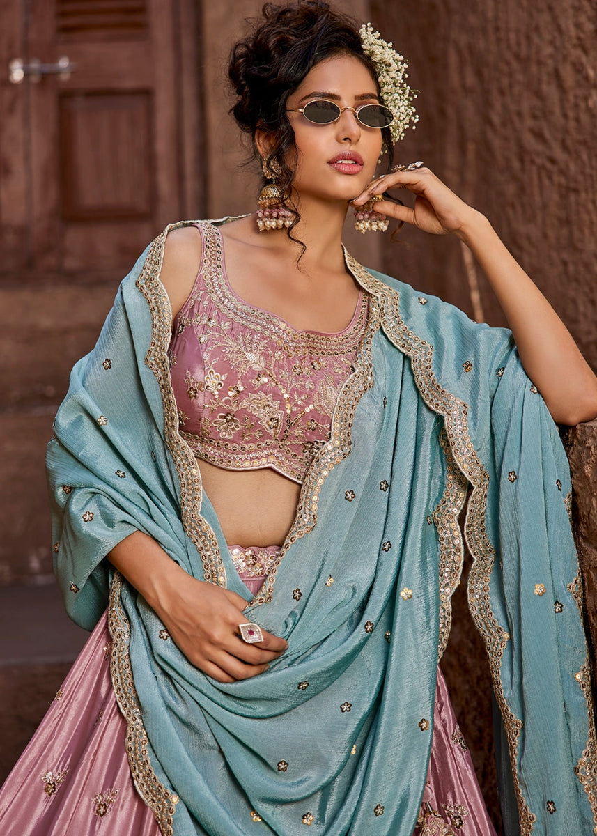 Wild Orchid Pink Satin Lehenga Choli with Floral Sequin Detailing - House of Sarvati LLC