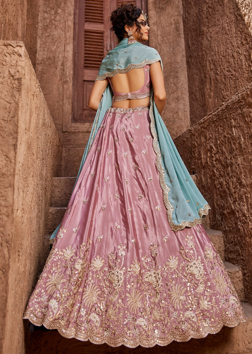 Wild Orchid Pink Satin Lehenga Choli with Floral Sequin Detailing - House of Sarvati LLC
