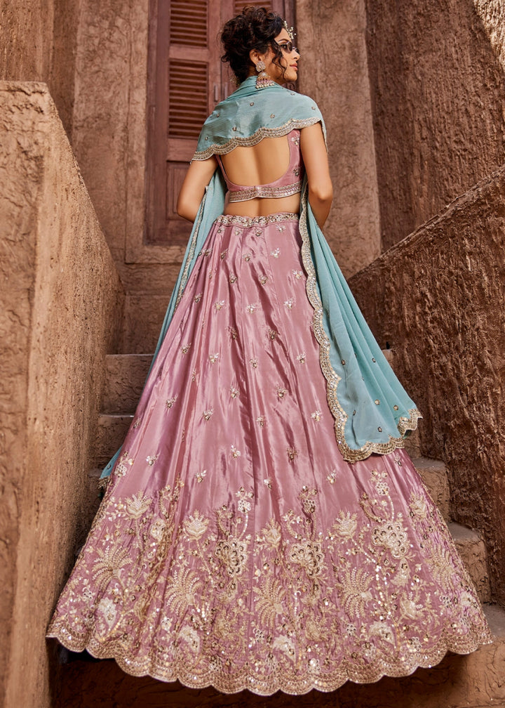 Wild Orchid Pink Satin Lehenga Choli with Floral Sequin Detailing - House of Sarvati LLC