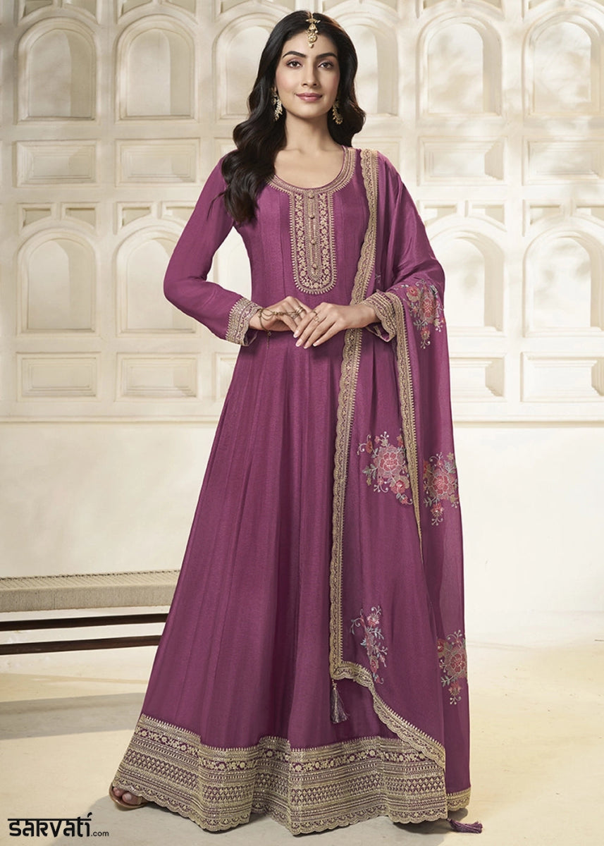 Wildberry Purple Anarkali in Dola Silk Featuring Sequin Embroidery Work - House of Sarvati LLC