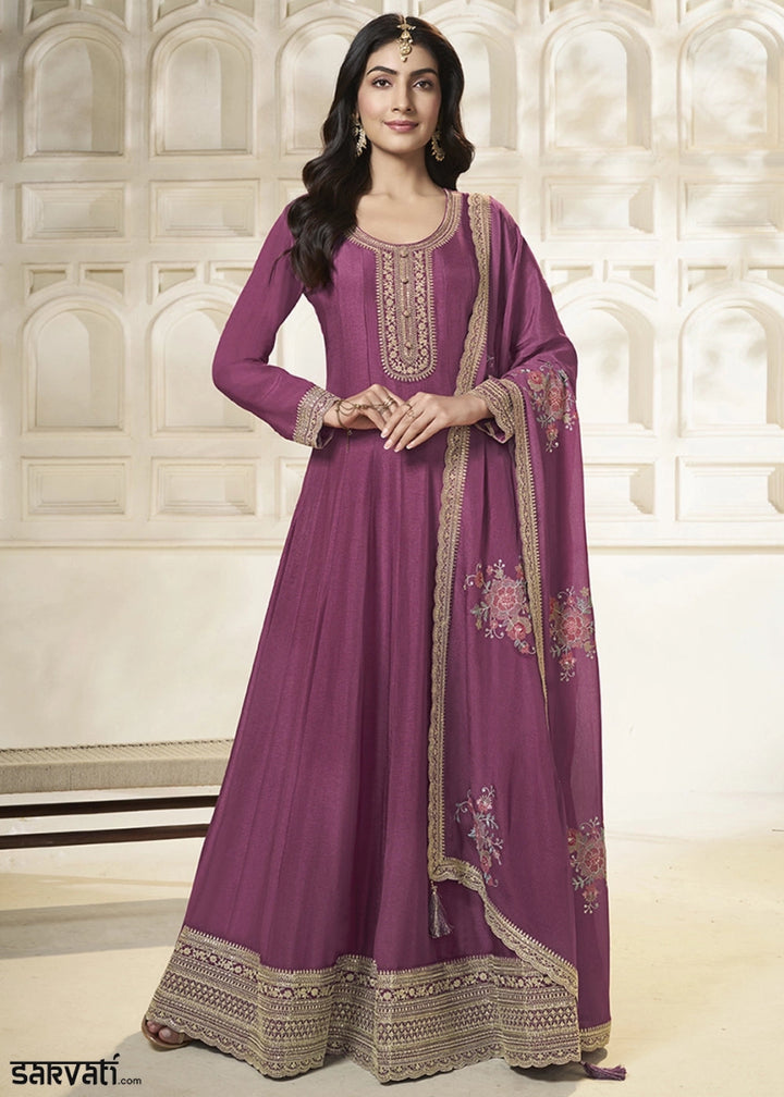 Wildberry Purple Anarkali in Dola Silk Featuring Sequin Embroidery Work - House of Sarvati LLC