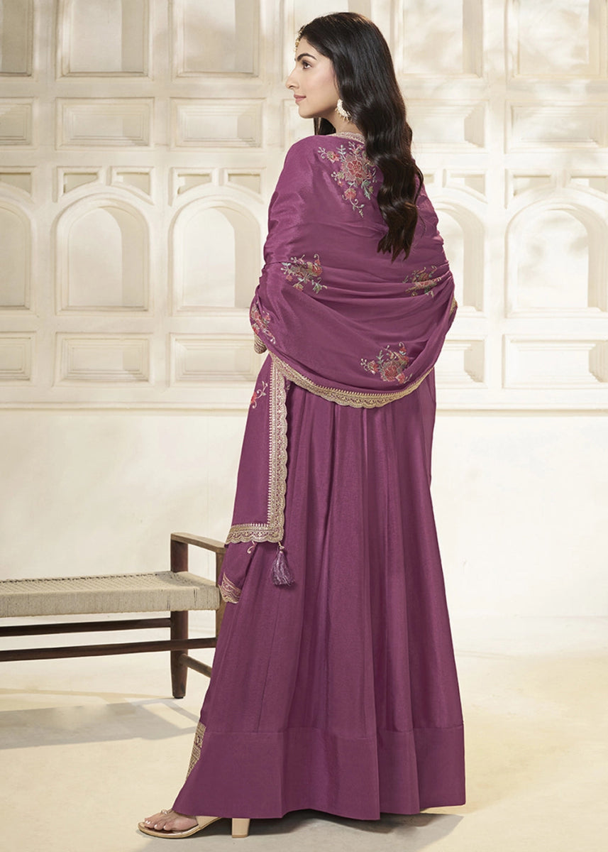 Wildberry Purple Anarkali in Dola Silk Featuring Sequin Embroidery Work - House of Sarvati LLC