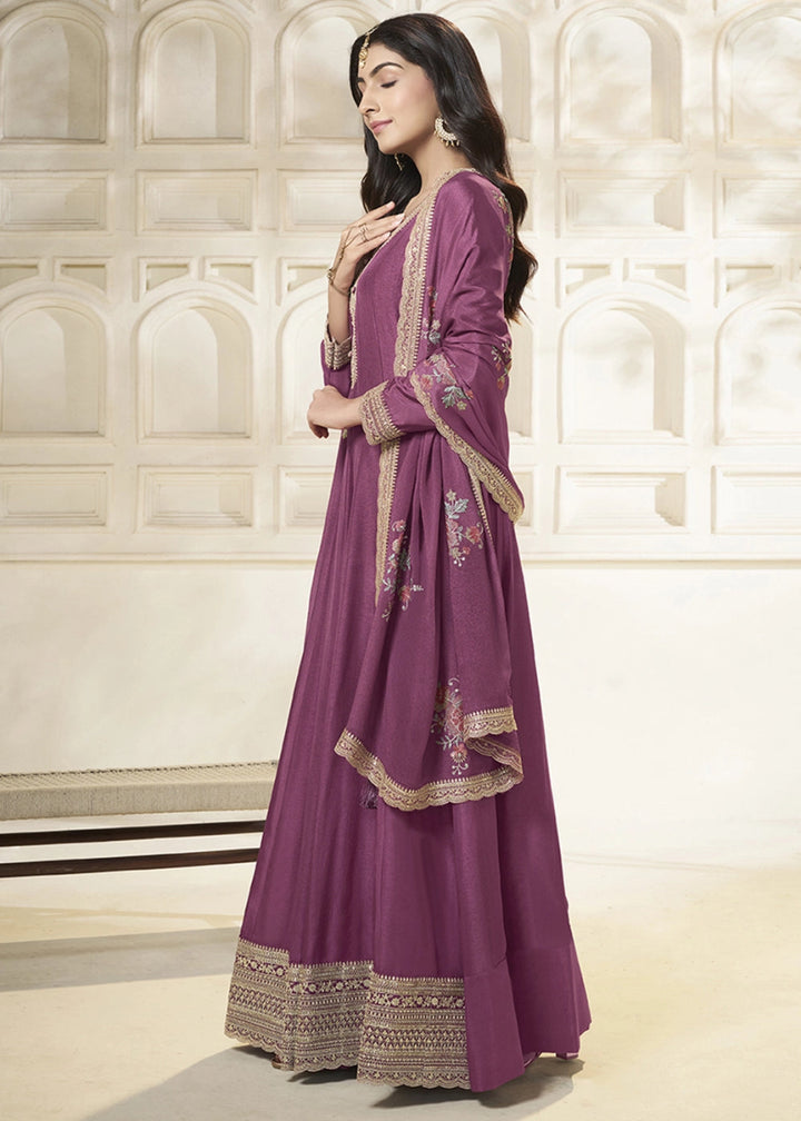 Wildberry Purple Anarkali in Dola Silk Featuring Sequin Embroidery Work - House of Sarvati LLC