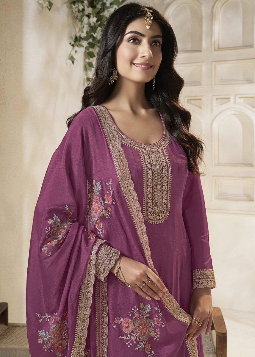 Wildberry Purple Anarkali in Dola Silk Featuring Sequin Embroidery Work - House of Sarvati LLC