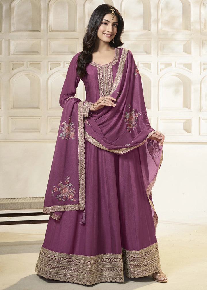 Wildberry Purple Anarkali in Dola Silk Featuring Sequin Embroidery Work - House of Sarvati LLC