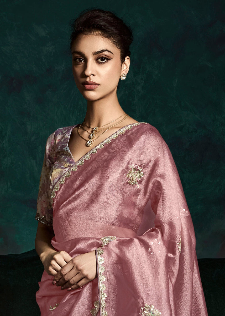 Wildberry Purple Tissue Saree with Dhaga,Thread & Sequin Embellishments - House of Sarvati LLC