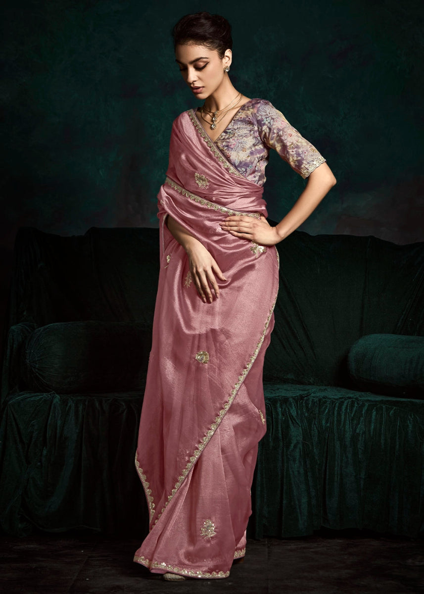 Wildberry Purple Tissue Saree with Dhaga,Thread & Sequin Embellishments - House of Sarvati LLC