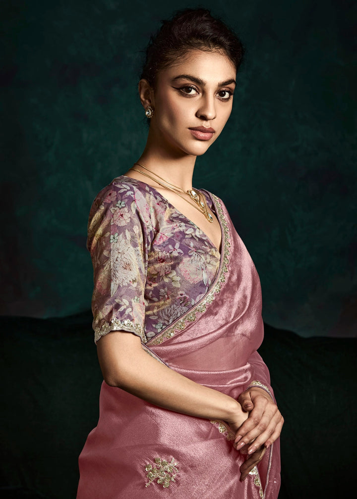 Wildberry Purple Tissue Saree with Dhaga,Thread & Sequin Embellishments - House of Sarvati LLC