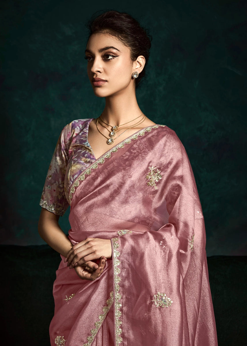 Wildberry Purple Tissue Saree with Dhaga,Thread & Sequin Embellishments - House of Sarvati LLC