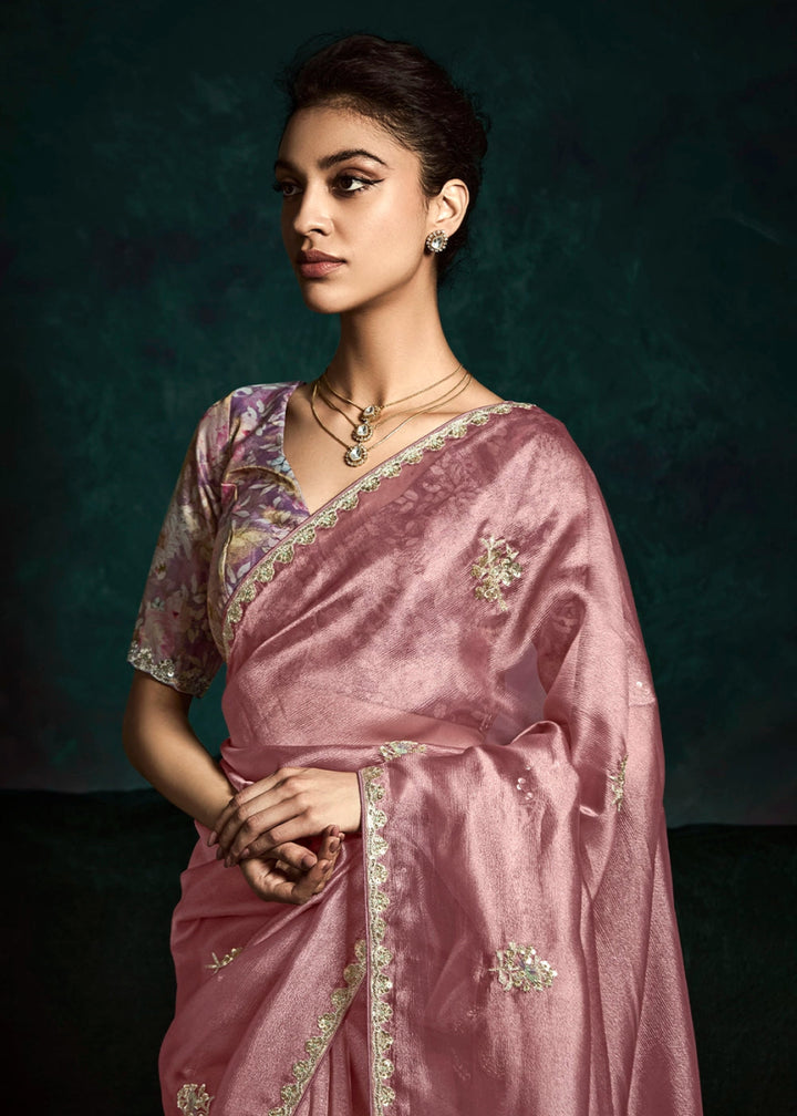Wildberry Purple Tissue Saree with Dhaga,Thread & Sequin Embellishments - House of Sarvati LLC