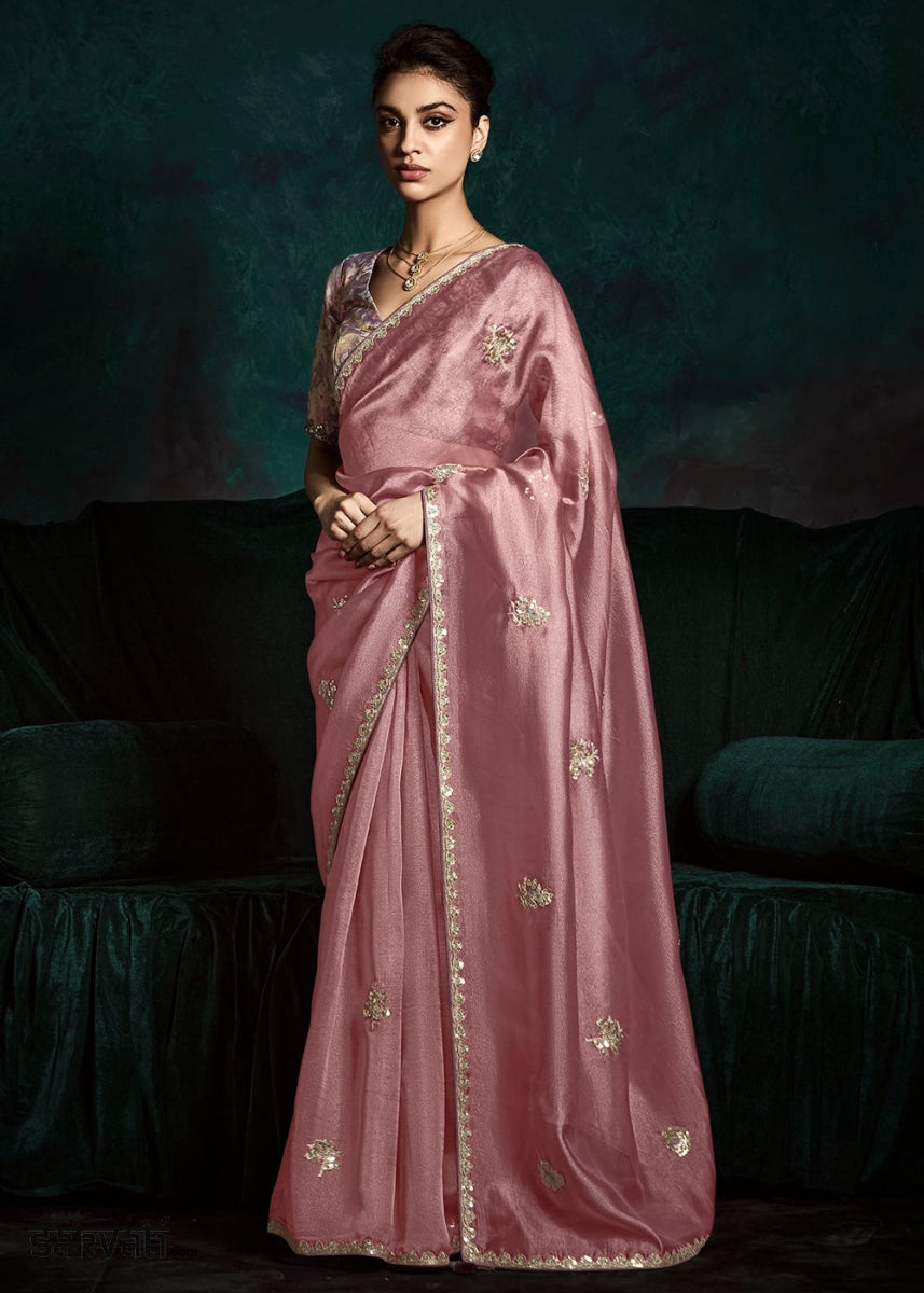 Wildberry Purple Tissue Saree with Dhaga,Thread & Sequin Embellishments - House of Sarvati LLC