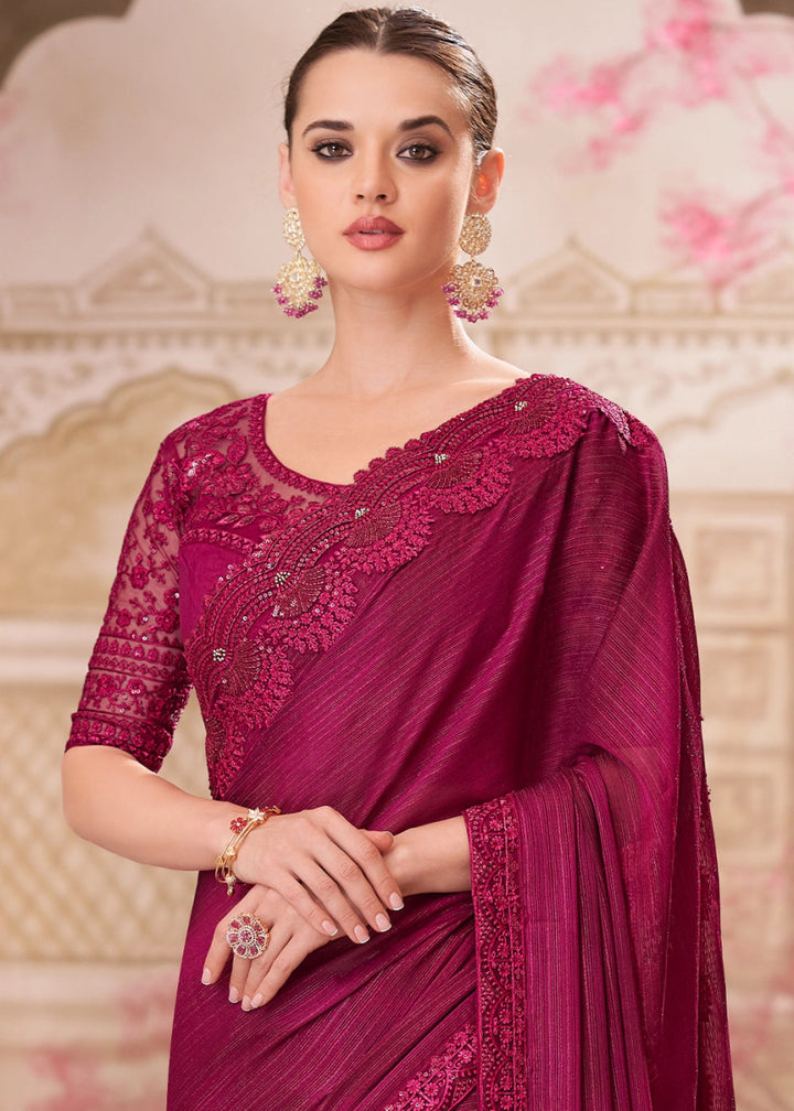 Wine Purple Satin Silk Saree With Detailed Embroidery And Luxe Appeal - House of Sarvati LLC