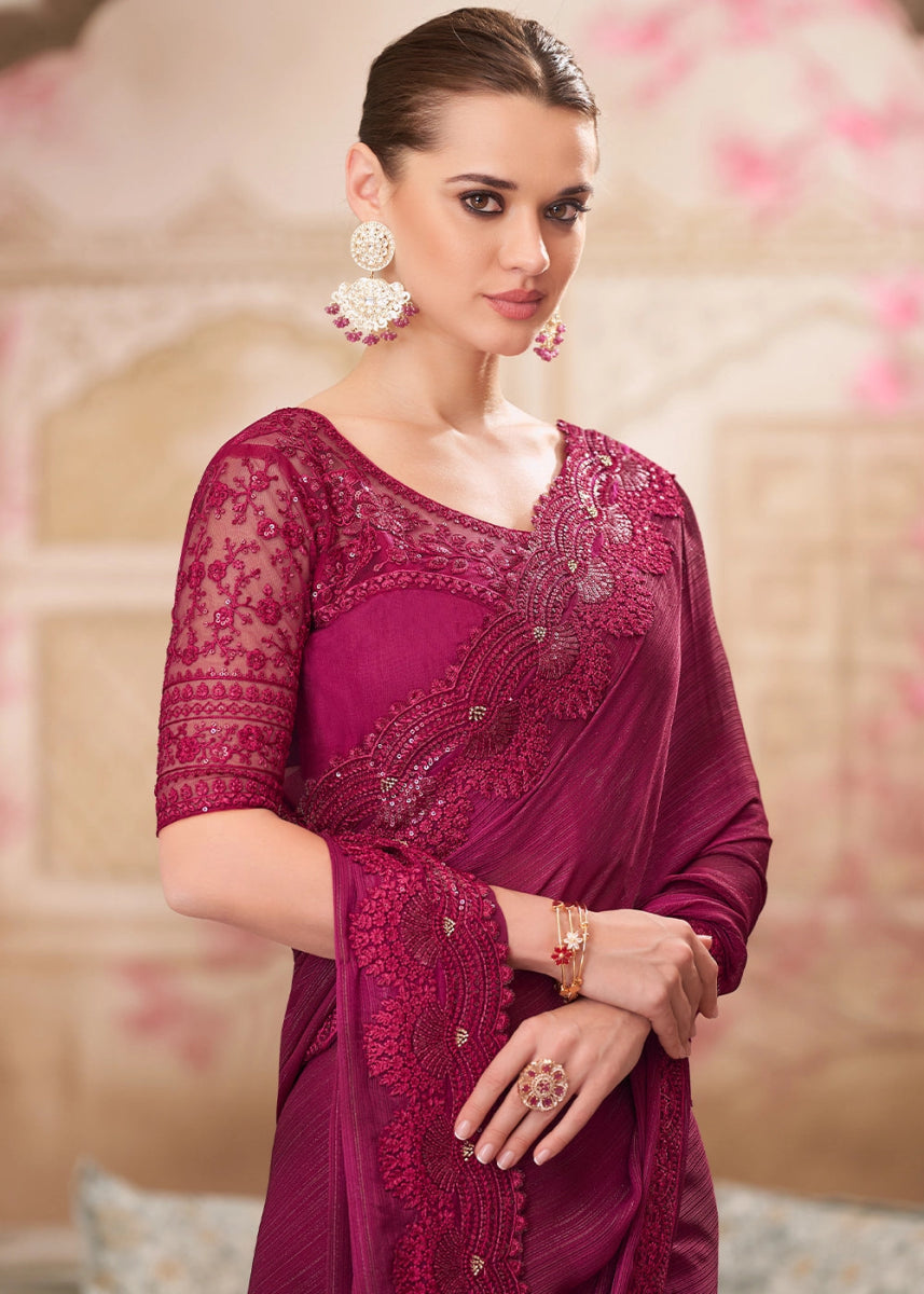 Wine Purple Satin Silk Saree With Detailed Embroidery And Luxe Appeal - House of Sarvati LLC