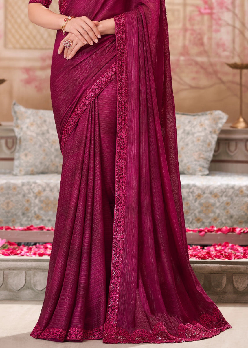 Wine Purple Satin Silk Saree With Detailed Embroidery And Luxe Appeal - House of Sarvati LLC