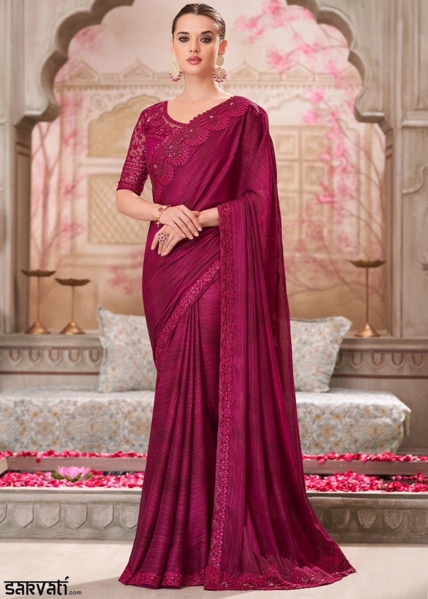 Wine Purple Satin Silk Saree With Detailed Embroidery And Luxe Appeal - House of Sarvati LLC