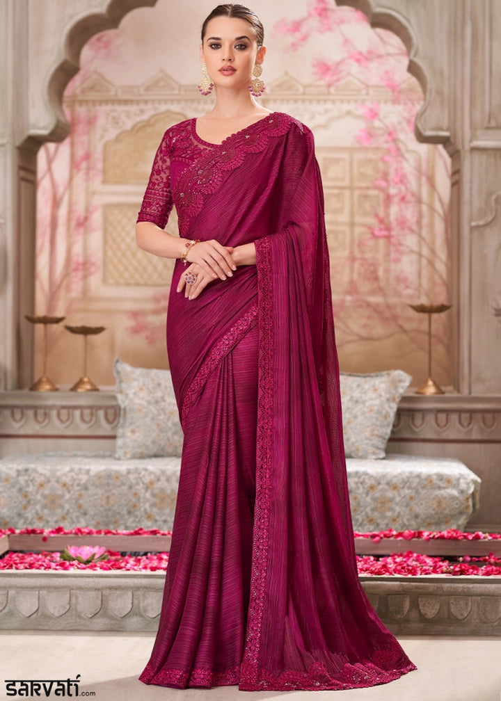Wine Purple Satin Silk Saree With Detailed Embroidery And Luxe Appeal - House of Sarvati LLC
