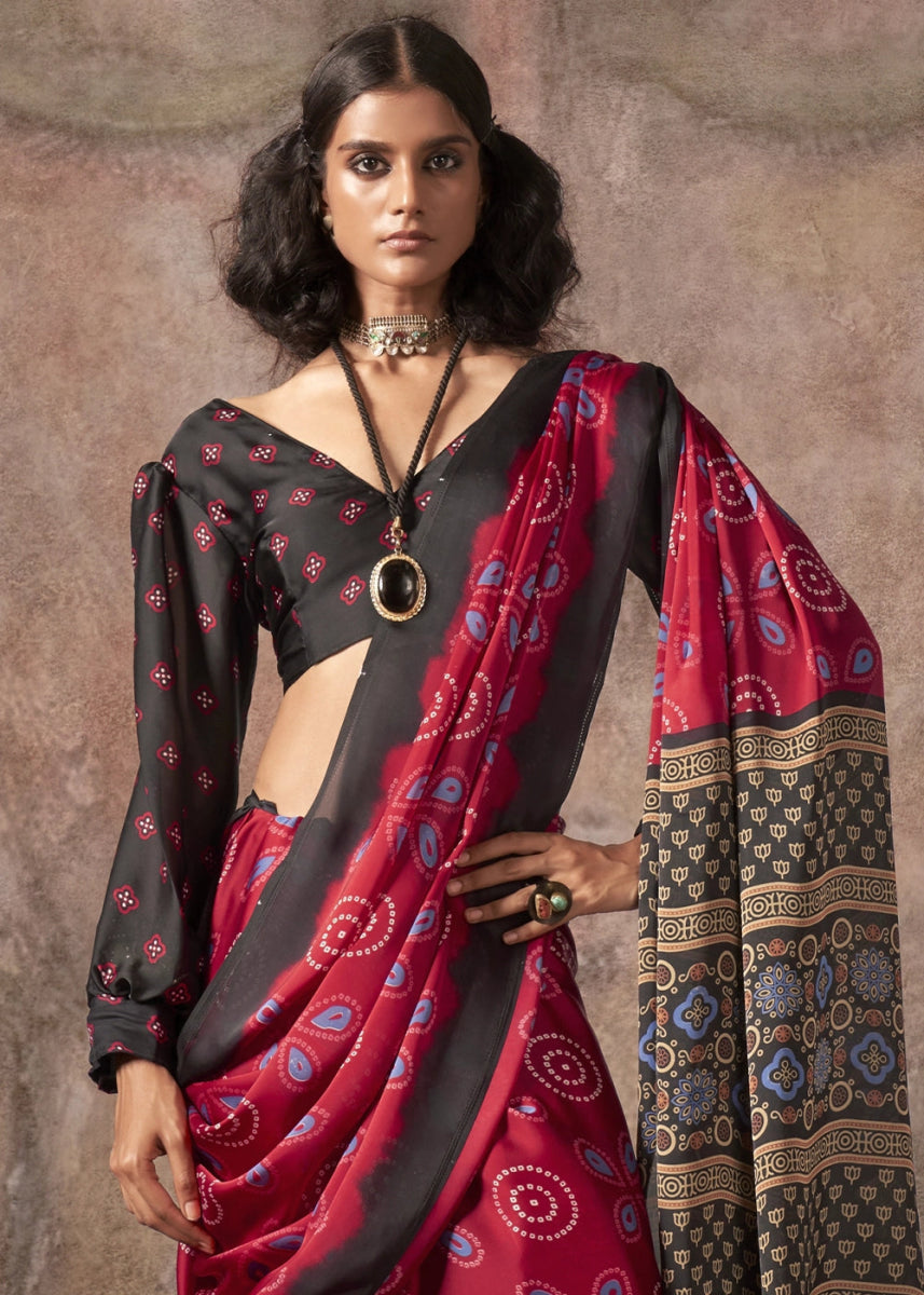 Wine Red Printed Satin Georgette Saree with Ajrakh & Bandhani Patterns - House of Sarvati LLC