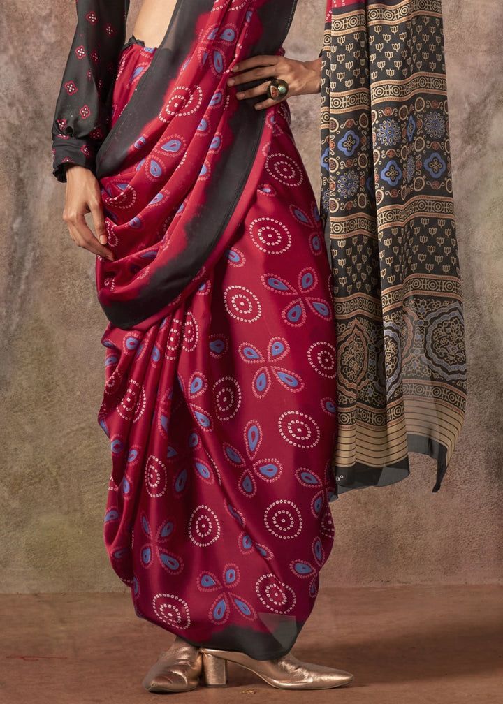 Wine Red Printed Satin Georgette Saree with Ajrakh & Bandhani Patterns - House of Sarvati LLC