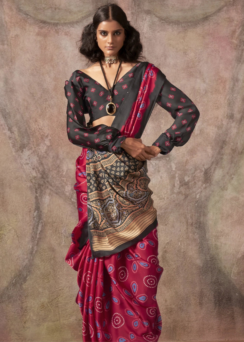 Wine Red Printed Satin Georgette Saree with Ajrakh & Bandhani Patterns - House of Sarvati LLC