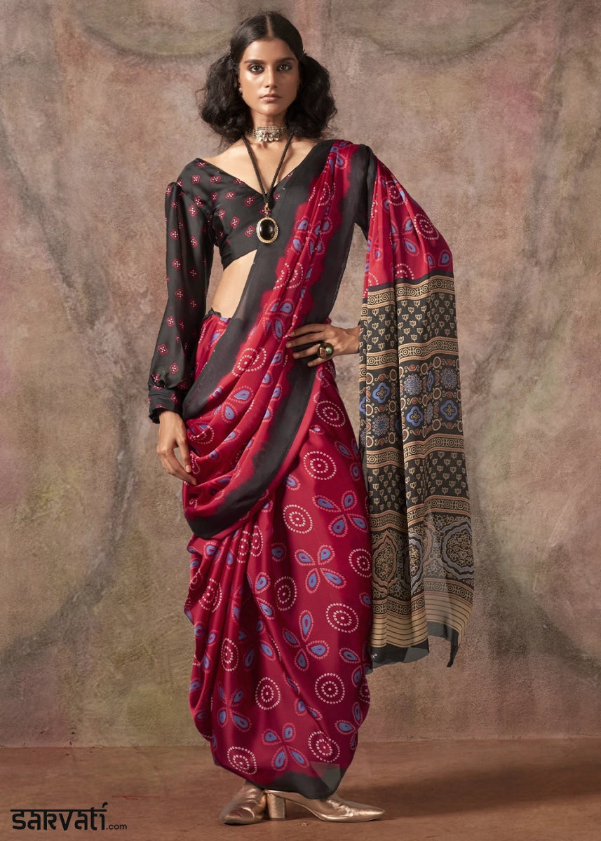 Wine Red Printed Satin Georgette Saree with Ajrakh & Bandhani Patterns - House of Sarvati LLC