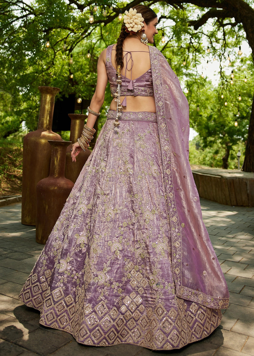 Wisteria Purple Tissue Lehenga Choli with Sequins and Floral Embroidery - House of Sarvati LLC