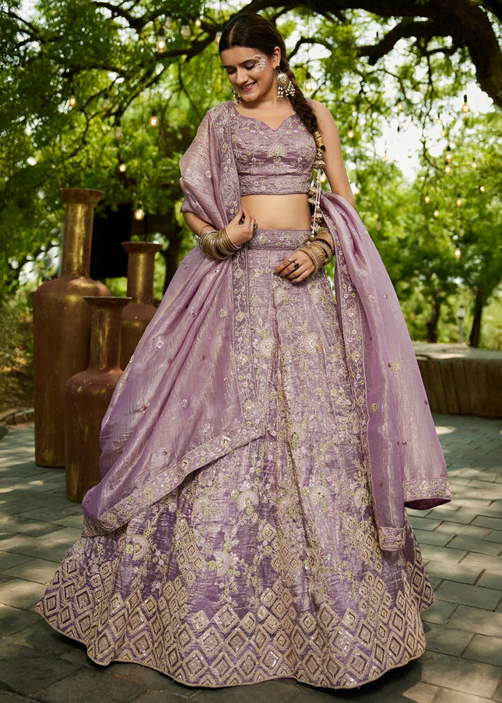 Wisteria Purple Tissue Lehenga Choli with Sequins and Floral Embroidery - House of Sarvati LLC