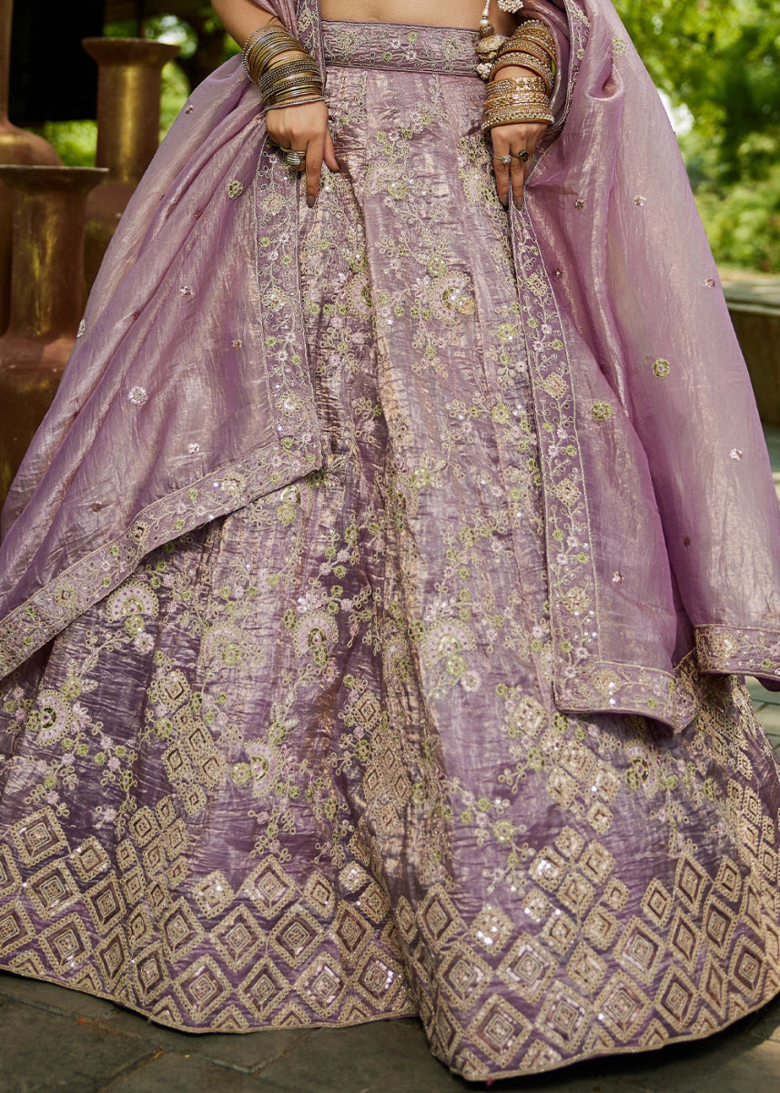 Wisteria Purple Tissue Lehenga Choli with Sequins and Floral Embroidery - House of Sarvati LLC