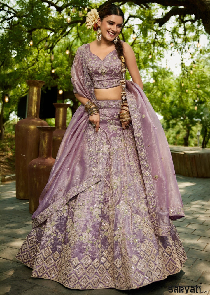 Wisteria Purple Tissue Lehenga Choli with Sequins and Floral Embroidery - House of Sarvati LLC