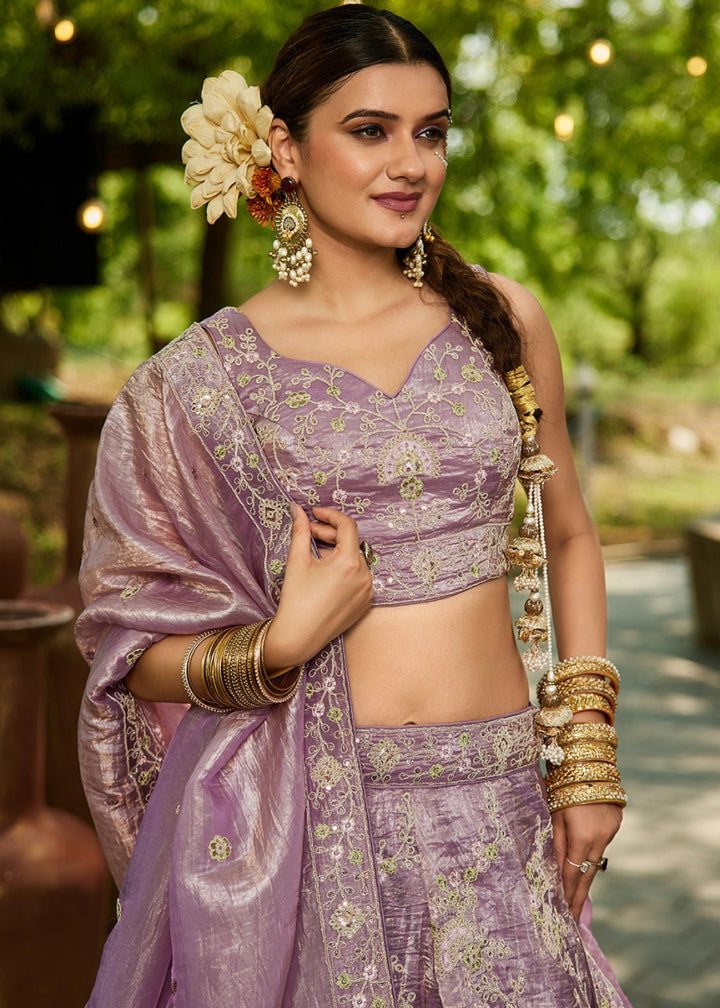 Wisteria Purple Tissue Lehenga Choli with Sequins and Floral Embroidery - House of Sarvati LLC