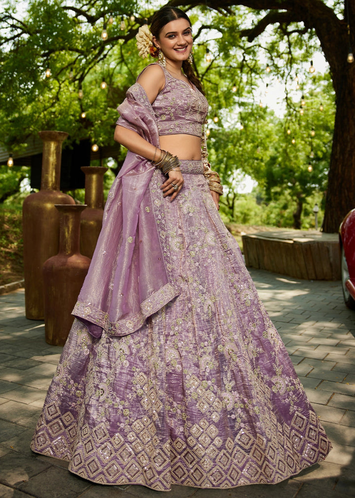 Wisteria Purple Tissue Lehenga Choli with Sequins and Floral Embroidery - House of Sarvati LLC