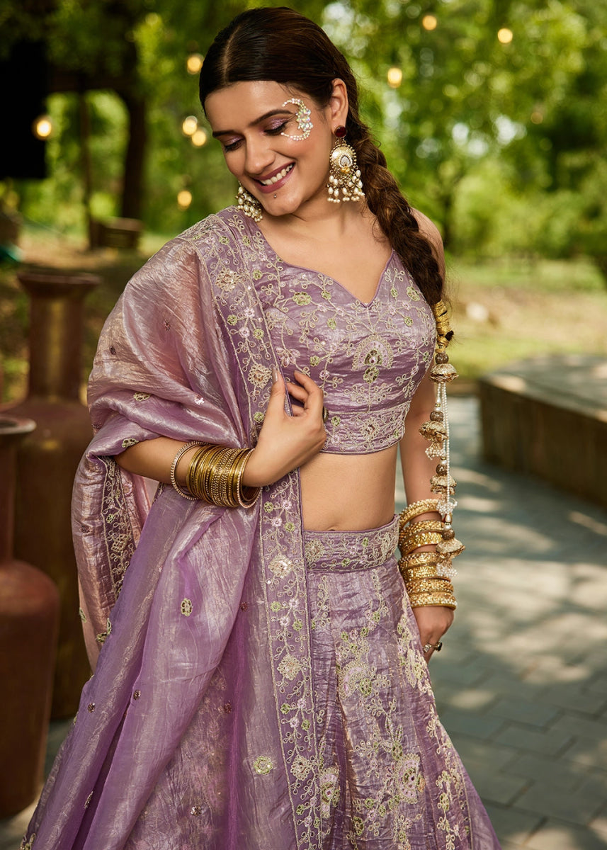 Wisteria Purple Tissue Lehenga Choli with Sequins and Floral Embroidery - House of Sarvati LLC