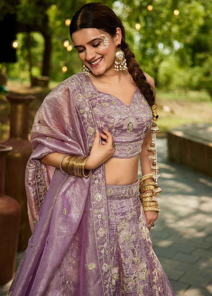 Wisteria Purple Tissue Lehenga Choli with Sequins and Floral Embroidery - House of Sarvati LLC