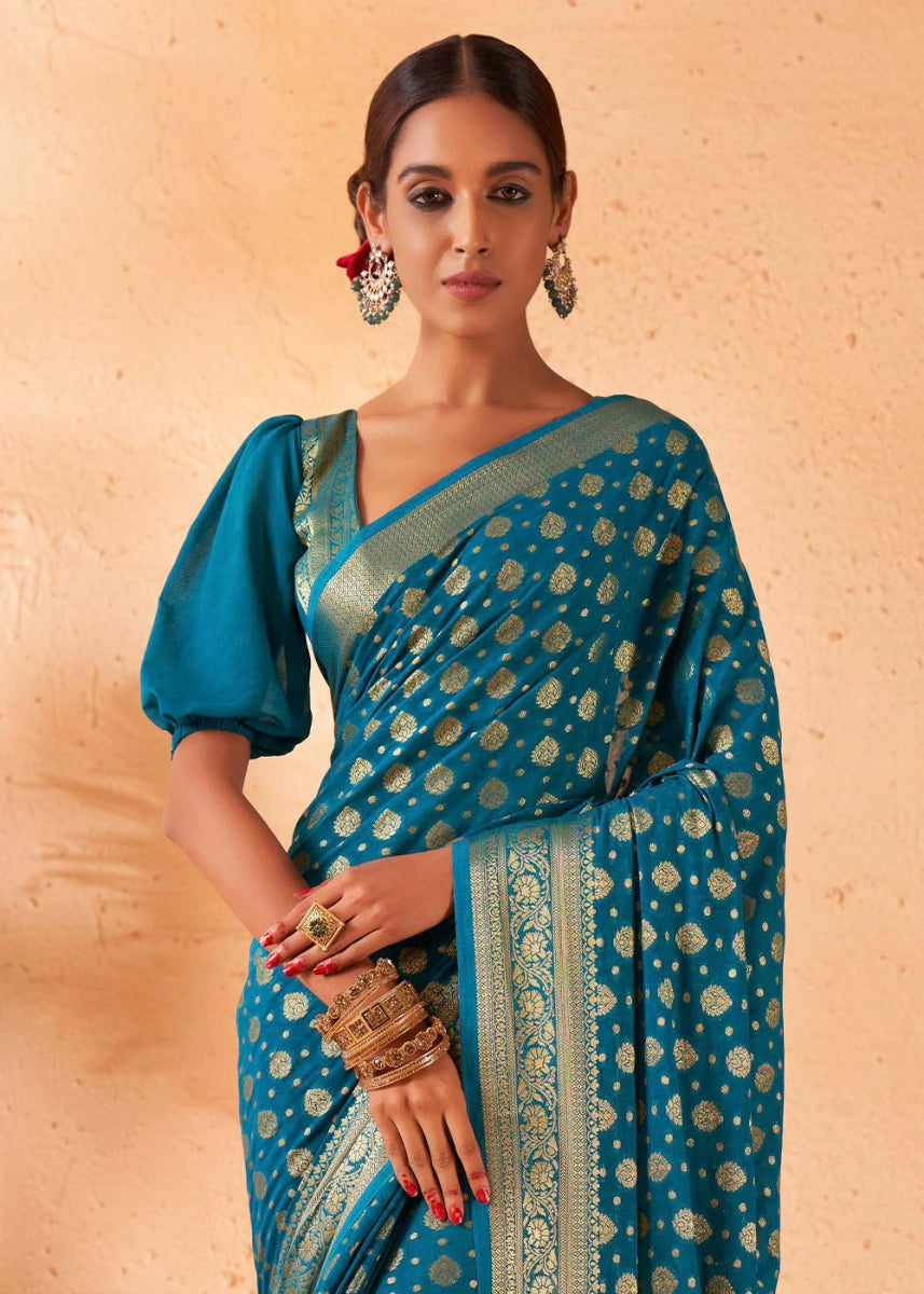 Yale Blue Banarasi - Style Saree in Georgette Silk with Zari Embellishments - House of Sarvati LLC