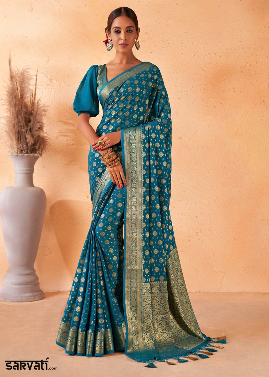 Yale Blue Banarasi - Style Saree in Georgette Silk with Zari Embellishments - House of Sarvati LLC