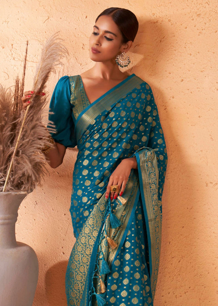 Yale Blue Banarasi - Style Saree in Georgette Silk with Zari Embellishments - House of Sarvati LLC
