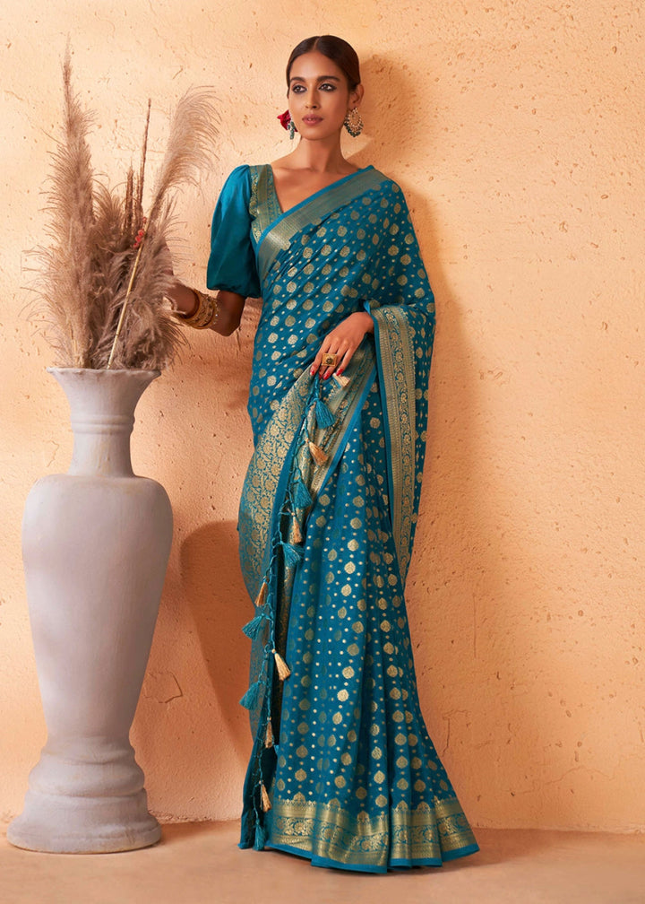 Yale Blue Banarasi - Style Saree in Georgette Silk with Zari Embellishments - House of Sarvati LLC