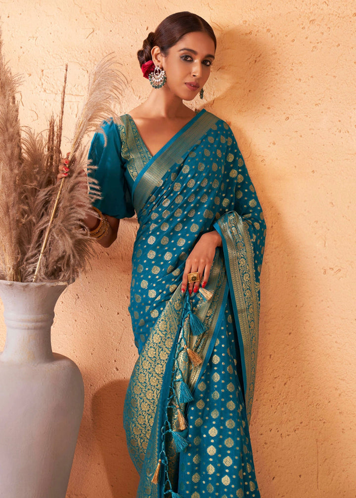 Yale Blue Banarasi - Style Saree in Georgette Silk with Zari Embellishments - House of Sarvati LLC
