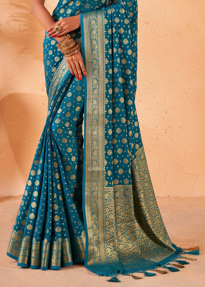 Yale Blue Banarasi - Style Saree in Georgette Silk with Zari Embellishments - House of Sarvati LLC